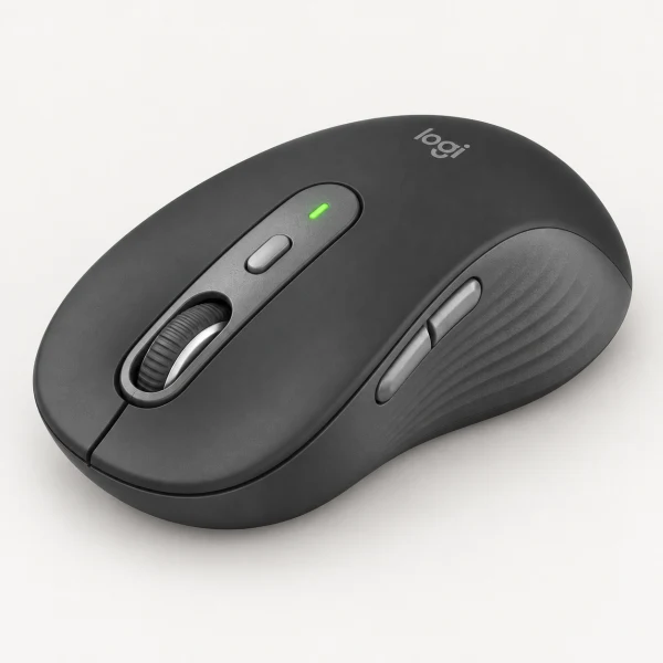 Logitech 羅技 M750L 大手版多工靜音無線滑鼠（石墨灰） 示意圖（本站 AI 重繪）