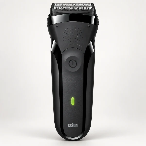 BRAUN 百靈 三鋒系列電動刮鬍刀/電鬍刀（黑，充插兩用） 示意圖（本站 AI 重繪）