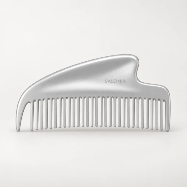 SALONIA 兩用光澤護髮金屬按摩梳 銀色(Glossy Care Metal Kassa Comb,對應日規 SAL25322SL) 示意圖(本站 AI 重繪)
