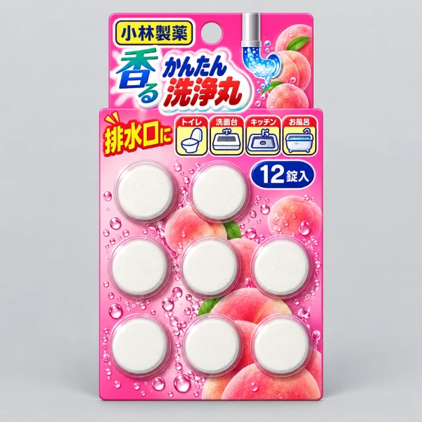 小林製藥 洗淨丸排水管除垢錠12錠/盒-蜜桃香(平輸品) 示意圖（本站 AI 重繪）