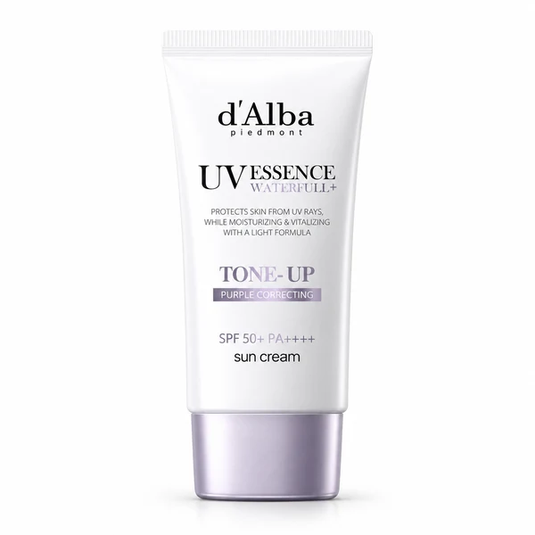 【d'Alba】水潤紫色校色提亮防曬霜 50ml (SPF50+ PA++++/高規防護/水感保濕/偽素顏) 示意圖（本站 AI 重繪）